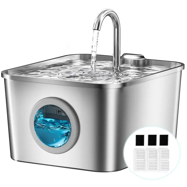 Fuente para Gatos Acero Inoxidable - 2,6L Bebedero Gatos Automatico Estilo Grifo Súper Silenciosa con Cable, Cuádruple Filtración, Fácil de Limpiar, con LED 3 Filtros y 3 Esponjas