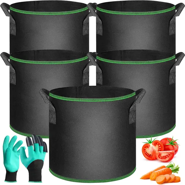 5 Bolsas de Cultivo Negras 30L, Transpirables, para Patatas, Tomates, Zanahorias, Fresas, Flores, con Asas Manejar y Guantes de Jardinería, para Balcón, Terraza, Jardín e Invernadero