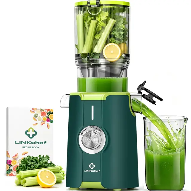 LINKChef Extractor de Jugos y Verduras Prensado en Frío | Slow Juicer 200W | Boca Ancha 115mm para Frutas Enteras | Licuadora con Recetario Incluido | Sin BPA, Verde
