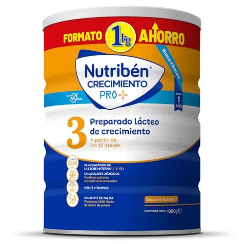 Nutribén Crecimiento Pro+ 3 - Leche en Polvo Bebé FORMATO AHORRO | Leche de Fórmula a partir de los 12 Meses | sin Aceite de Palma | con 13 Vitaminas | 1 Bote de 1KG