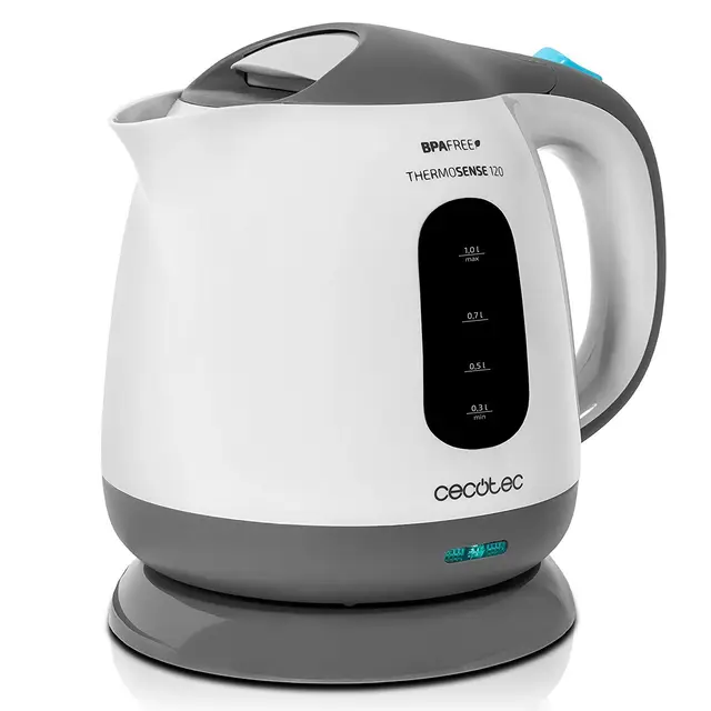 Cecotec Hervidor de Agua Eléctrico ThermoSense 120. 1 Litro, Libre de BPA, 1100 W de Potencia, Base 360º, Filtro Antical Desmontable, Doble Sistema de Seguridad, Plástico