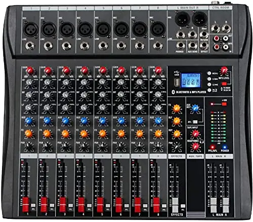 Depusheng DA8 Mezclador de audio profesional Consola de placa de sonido Bluetooth Interfaz de sistema de escritorio de 8 canales Entrada digital USB MP3 48V Phantom Power, Negro
