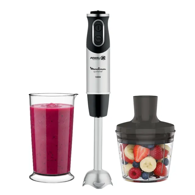 Moulinex QuickChef, Batidora de Mano de 1000 W, 10 velocidades variables y función turbo, Protector antisalpicaduras, Incluye picador de 500 ml y vaso medidor de 800 ml, Negra, DD6578