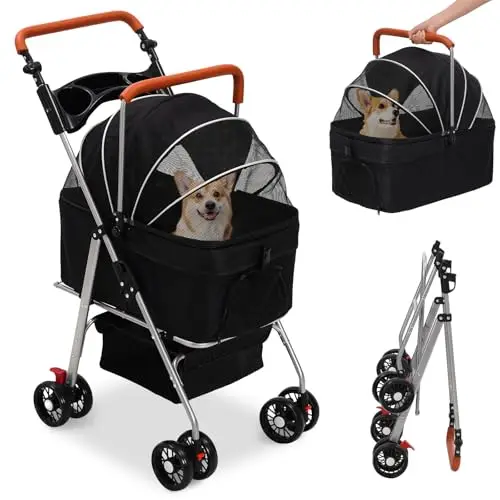 Cochecito para Perros 3 en1,Carro Perro Plegable,Hasta 20kg, Carrito Perro Con Rueda Universal de 360° con Freno,Cesta de Almacenamiento,Ventana de Malla,Portavasos y Asa Ajustable,para Perros Gatos