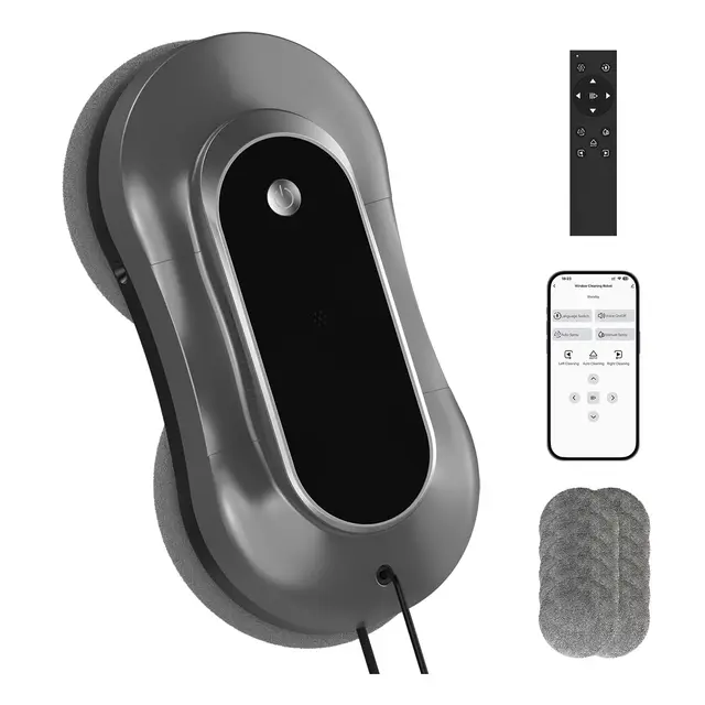 Robot Limpiacristales Inteligente, Limpiador Eléctrico de Ventanas con Doble Rociado de Agua, Control Remoto y por Aplicación, para Ventanas Interiores y Exteriores, Incluye 12 Paños, Gris