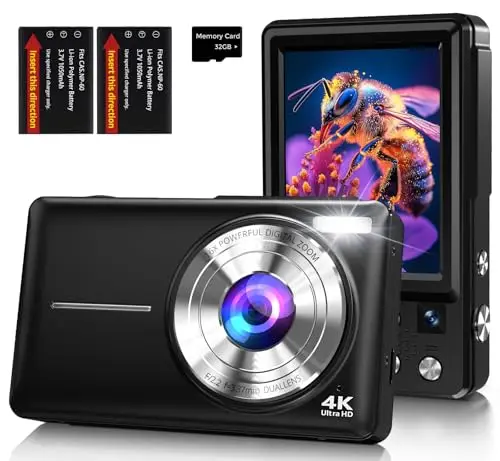 Cámara Digital 4K Cámara de Fotos 64MP Compacta con Doble Cámara, Autofocus, Pantalla IPS de 2,8 Pulgadas, Zoom Digital 16X, Antivibración, 2 Baterías, Tarjeta de 32GB para Adolescente, Principiante