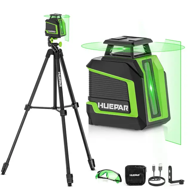 Huepar Nivel Láser 360 con Trípode de 1,5m, Nivel Laser Autonivelante con Líneas 360 Horizontales y Verticales, Modo de Pulso, Soporte Magnético, USB-C Recargable, Gafas protectoras & Estuche-D011CGTP