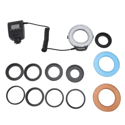 Anillo de Luz Macro de 48 LED, con Pantalla LCD y Control de Potencia, Incluye Difusor y Anillos Adaptadores, para Cámara DSLR y Fotografía Científica