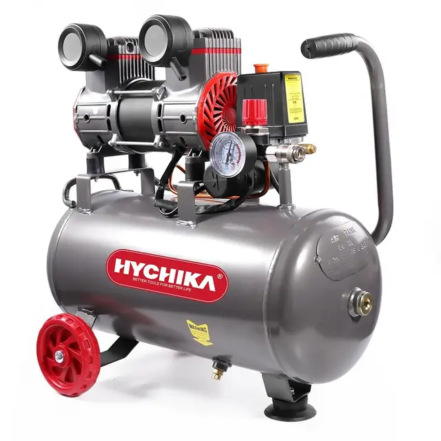 HYCHIKA Compresor Aire, Compresor Silencioso Portatil 8 Bar, 24L, 230V-240V, Sin aceite, 1100W Max, 24 Litros Compresor de Aire para Coche, Pulverización de pintura, Presión de escape regulable