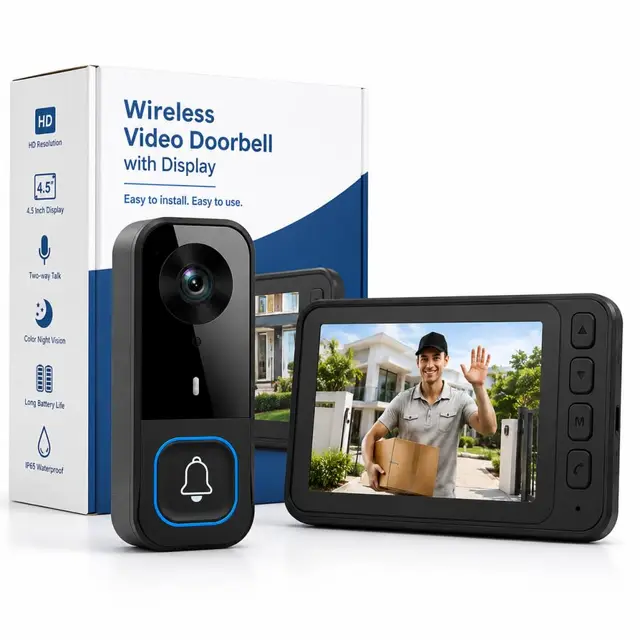TKMARS Timbre con Cámara Exterior, Videoportero, Visión Nocturna Infrarroja, Timbre Inalámbrico Exterior Impermeable con Pantalla IPS de 4,5 Pulgadas, Sin WiFi (Negro)