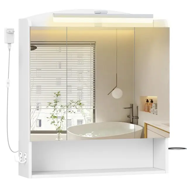 Hzuaneri Armario de Baño, con Espejo y Luz LED, Mueble Espejo de Pared, Armario baño Pared, con Soportes y Ganchos para secador de Pelo, con Interruptor y Enchufe, 16,5 x 70 x 80 cm, Blanco