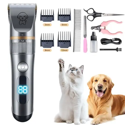 Maquina Cortar Pelo Perros Profesional, IPX7 Impermeable Cortapelos para Mascotas, Cortapelos Recargable para Gatos, para Largo y Pelo Grueso con 4 Peines Guía