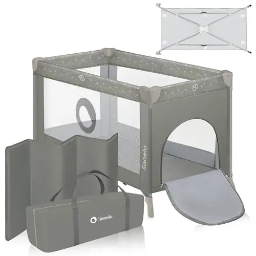 lionelo Stefi Cuna de Viaje para Bebé Apertura Lateral, Colchoneta 120x60 cm, Sistema LockGuard, Lados de Malla Transpirable, Bolsa de Transporte Incluida