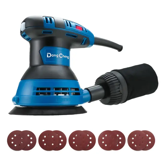 DongCheng Lijadora orbital aleatoria 300W, 125mm, 6 velocidades, 4.000-12.000 rpm con colector de polvo y 10 lijas, ideal para proyectos de carpintería y bricolaje