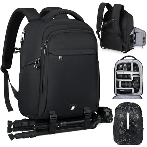 RAINSMORE Mochila para Cámaras de Fotógrafos Mochila Fotografia Profesional para Portátil 14 Pulgadas, Camera Bag con Funda Impermeable para DSLR Canon Nikon Sony Negro