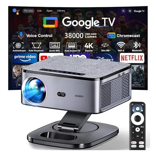 Proyector 4K 【FIFA World Cup/1500 ANSI/Google TV】 XIWBSY Proyector Bluetooth Portatil 38000 Lúmenes, Gira 360 °, Official Apps, Control por Voz, 1080P FHD, Proyectores Video Cine En Casa/Exterior
