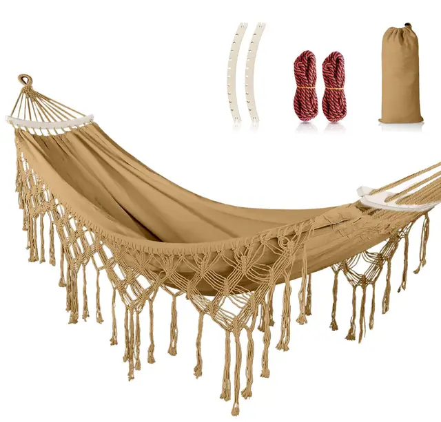 MOSFiATA Hamaca Jardin Boho, Hamaca Colgante con Flecos und Travesaño, Hamacas Tela Cómoda & Fácil de Montar, Capacidad de Carga de 250 kg