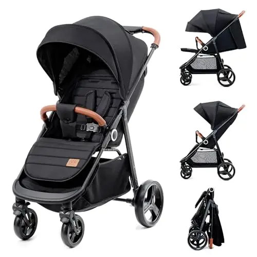 kk Kinderkraft GRANDE PLUS Silla de Paseo ligera desde Nacimiento hasta 22 kg, Plegado con una sola mano, Posición tumbada, Suspensión de todas ruedas, Capota grande XL, Negro