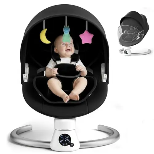 Hamaca Eléctrica para Bebé con Mando a Distancia y App,Mecedora con 5 Velocidades de Balanceo,3 Temporizadores,Arnés de 5 Puntos,2 Posiciones del Asiento,Silla Mecedora para 0-9 kg de Bebé-Negro