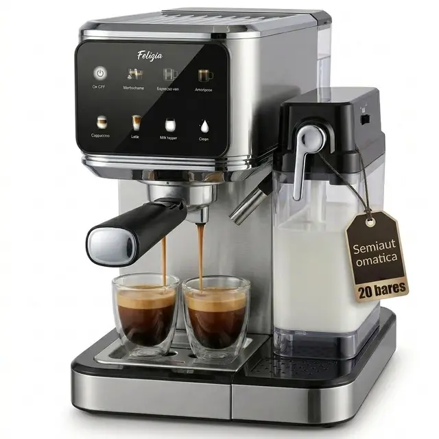 Cafetera Espresso 20 Bares Semiautomatica Cappuccino Latte Thermoblock Pantalla Tactil Vaporizador Leche Deposito 1L Portafiltros Molido Frio Caliente Acero Inoxidable Calientatazas Goteo Doble Salida