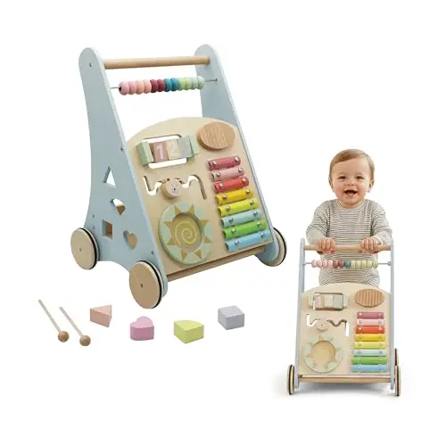 Buddy Baby - Andador de Madera Montessori - Desde 12 meses - Panel interactivo (xilófono, puzzle, espejo, engranajes) - Cajón trasero - Ruedas goma antideslizantes - No daña el suelo