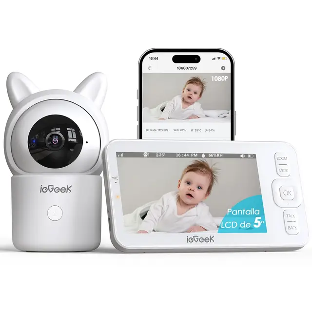 ieGeek Cámara Vigilancia Bebés 1080P con Pantalla 5", Baby Monitor con Vista 360° PTZ, Vigilabebés con App Móvil, Detección Movimiento y Llanto, Audio Bidireccional, Visión Nocturna