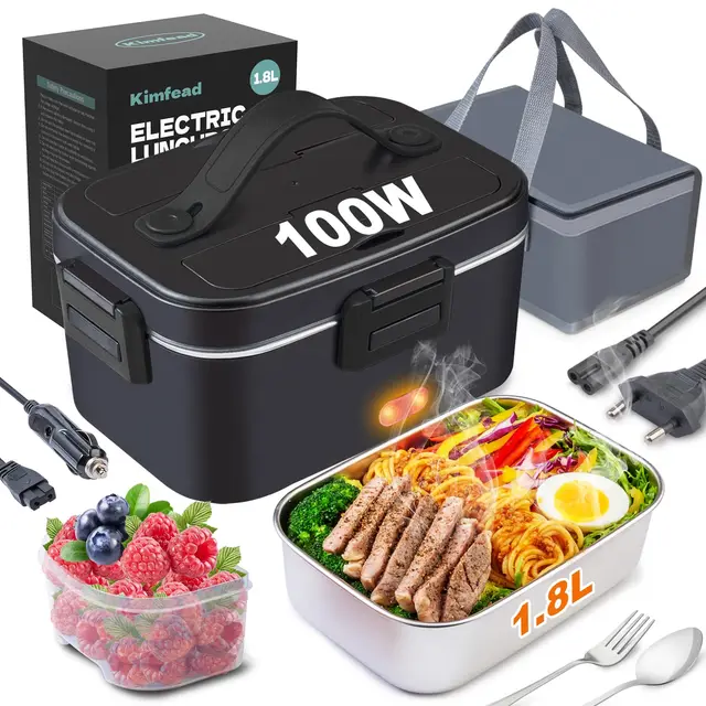 Fiambrera Eléctrica 100W Acero Inoxidable 1,8 L Taper Electrico para Comida 12V/24V/230V, Calentador de Comida para Coche/Camión/Oficina, bolsa comida Trabajo(1.8L-Negro)