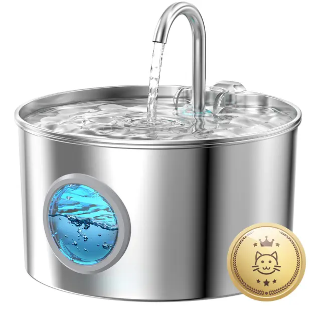 Fuente para Gatos Acero Inoxidable: Bebedero Gatos Automatico - 2.2L Fuente Gato Silencioso - Fuentes de Agua para Gato con 1 Filtro + 1 Esponja - Dispensador Agua Perros con Ventana Panorámica