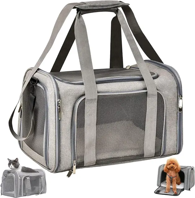 Transportín para Perros Bolsa, Bolsa Transporte Transpirable para Mascotas, Correa de Hombro Ajustable y Colchón Suave, Soporta 8 kg, Transportin Animal (Gris, L 43 x W 28 x H 28 cm)