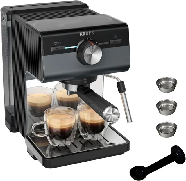 Krups Cafetera Espresso Manual, Authentic+, 15 bares de presión, Espumador de leche, Ajuste Manual, Cuchara Medidora y Compactadora, Depósito de 2 L de capacidad, Negra, XP384G