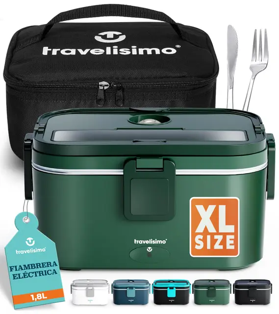 TRAVELISIMO - Fiambrera Electrica Extra Grande 1,8L - Taper Electrico para Comida 100W - Fiambrera Termica 3 en 1 12V/24V/220V - Fiambreras Comida Trabajo para Coche, Camión - Acero Inoxidable