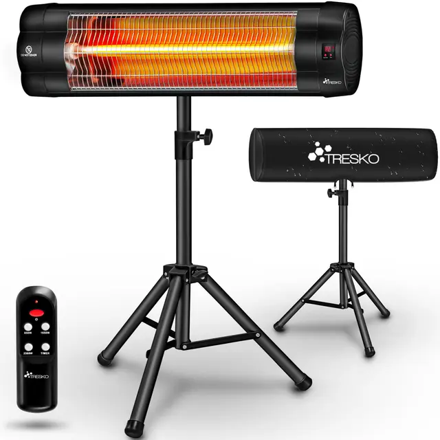 TRESKO Calefactor por Infrarrojos para Terraza | 2500W + Control Remoto | Estufa Radiante con 3 Temperaturas | Radiador Eléctrico para Exterior e Interior | Calentador con Altura Regulable (Negro)