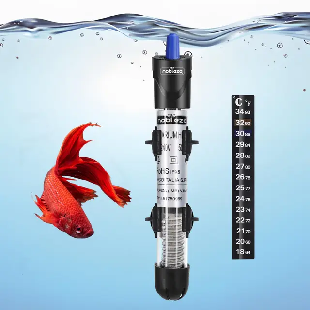 Nobleza - Calentador de Acuario 10-50L, 50W Calefactor de Acuarios Sumergible con Termostato, Calefacción de Pecera, Calentador de Tanque de Cuarzo de Seguridad (18-32°C)