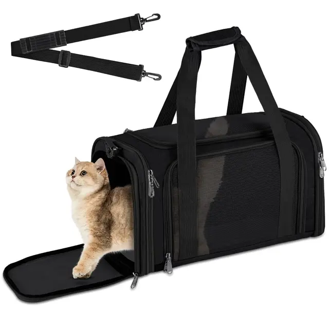 Transportín Perro Gato, Bolsa de Transporte Transpirable Gato Plegable, Aprobado por Aerolíneas, para Pequeños Medianos Gatos Cachorros Gatitos, para en Tren, Coche y Avión, Negro（40x25cm）