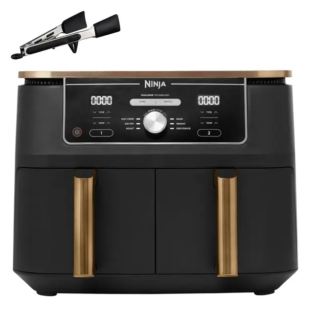 Ninja Foodi MAX Freidora de aire con compartimento doble, 9,6 l, 6 en 1, no usa aceite, Max Crisp, Asar, Hornear y más, pinzas, 8 porciones, cestas antiadherentes, en cobre y negro, AF400EUCP