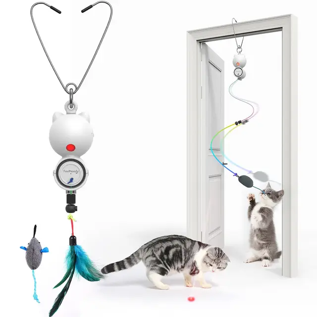 FEELNEEDY Juguete Interactivo para Gato con Pluma Y LED Luz Roja, Juguete EléCtrico Recargable para Gatos, 2 Modos, Juguete De Ejercicio para Gatos Peludos, Cat Toy Blanco