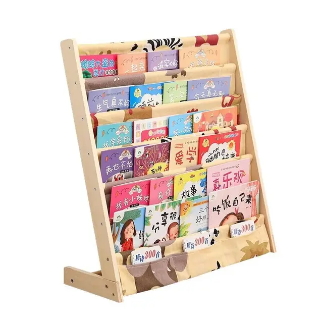 HEYOUTH Estantería Montessori Infantil de Madera, 75x30x79 cm con 6 Bolsillos de Tela, Estante Abierto para Almacenar y Exhibir Libros y Juguetes para Niños (Animal Style)