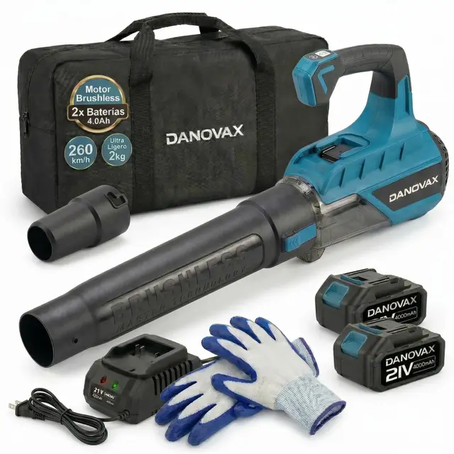 Soplador de Hojas - 2 Baterías 4Ah Incluidas - Motor Brushless - 3 Velocidades - Gran Potencia de Soplado hasta 260 km/h – Cargador con Base - Bolsa de Transporte y Guantes Incluidos