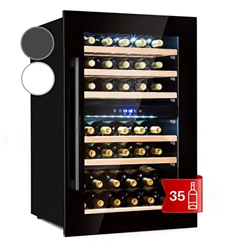Klarstein Vinoteca, Nevera para Vinos con 2 Zonas Refrigeración, Botellero Puerta Cristal para Vino, Proseco, Expositor Interior y Exterior, Panel Táctil, 132 L., Vinoteca Capacidad 35 Botellas