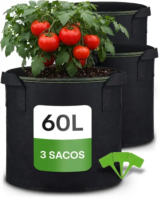 Praknu Bolsa de Cultivo para Plantas 60L - 3 Bolsas Grandes de Tela no Tejida con Asas y Etiquetas - Maceta Geotextil para Patatas y Vegetales