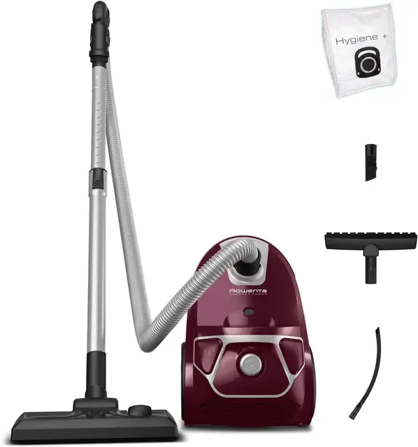 Rowenta Compact Power, Aspirador trineo con bolsa de alta filtración y filtro permanente gran eficiencia, depósito de 3 L, cable de 6.2 m, accesorios de coche para más versatilidad, Morado, RO3969