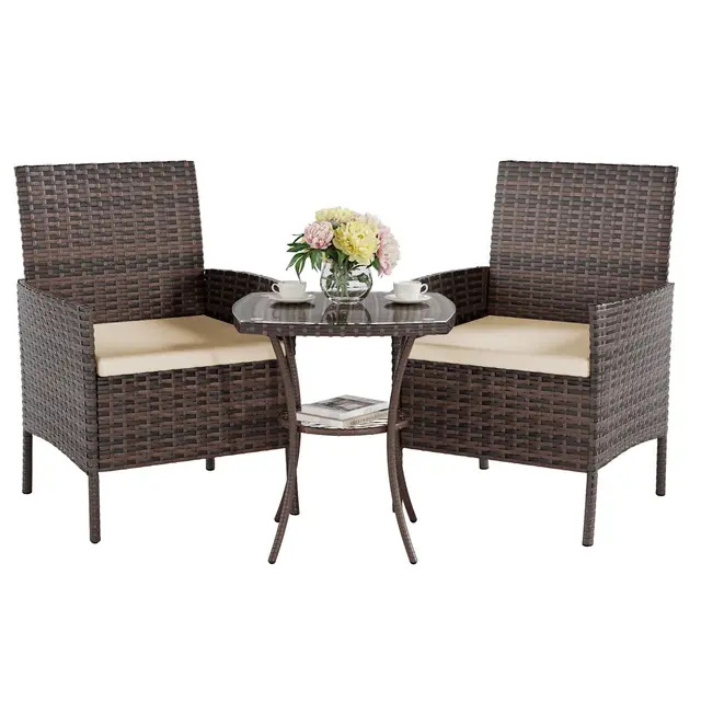 UDPATIO Conjunto Jardín Exterior de Ratán PE, con 2 Sillones y Mesa, Muebles Jardín Exterior con Cojines, Mesa Centro con Tablero de Vidrio Templado, para Patios, Corrales o Balcones, Colores:Marrón