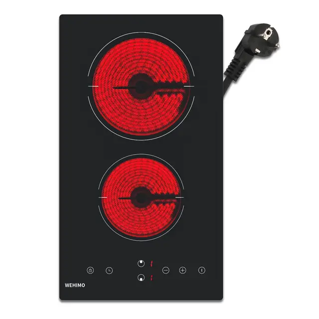 WEHIMO Placa Vitroceramica 2 Zonas, 3000W (1800W+1200W), 9 Niveles de Calor, Control Táctil, Seguridad Infantil, Temporizador 1-99min, Compatible con Todos Utensilios