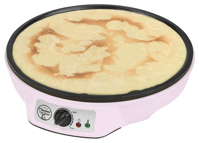 Bestron Crepera de diseño retro, Crepera electrica para crepes de Ø 30 cm, incl. esparcidor de masa y volteador de crepes, con revestimiento antiadherente, 1000 vatios, color: rosa
