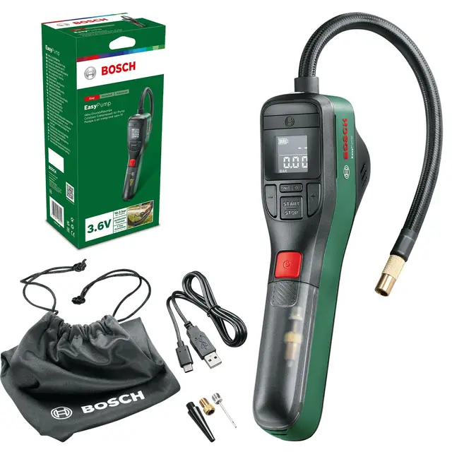 Bosch Bomba de Aire Bicicleta, compresor de Aire a batería EasyPump (batería de 3,0 Ah, 3,6 voltios, función de Parada automática, 150 PSI, 10,3 Bar, LED, Recargable Mediante Cable USB-C, en Caja)