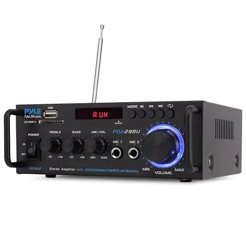 PyleUsa Receptor AV HiFi estéreo para el Hogar con RCA, USB, SD, 2 Micrófonos, Radio FM, Mando a Distancia, Sonido Envolvente para Cine en casa