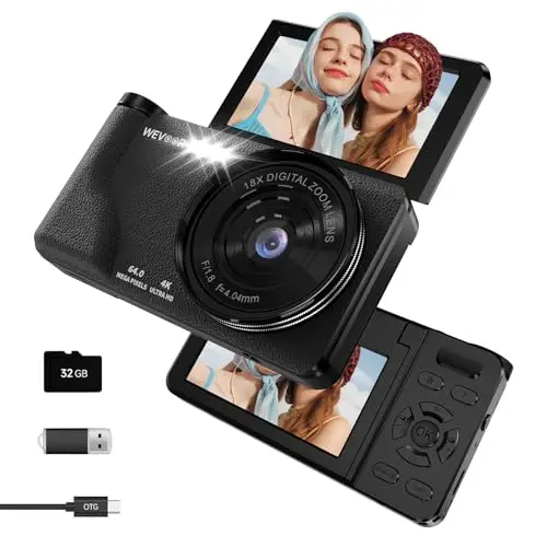 Cámara Digital 4K 64MP, Wevoor Camara de Fotos 32GB con Pantalla Flip De 180°, Batería de 2000 mAh, Autofocus, Zoom Digital 18x, Cámara Digital Compacta para Principiantes Niños Estudiantes - Negro