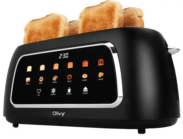Olvy Tostadora 4 Rebanadas con Pantalla LCD y Temporizador – Ranuras Extra Anchas para Pan Grueso – 6 Niveles de Dorado, Descongelar y Recalentar – 1500W – Negro