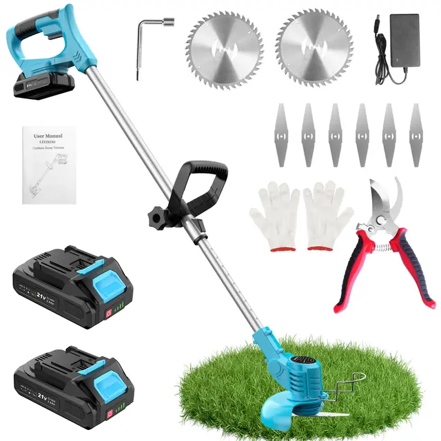 Desbrozadora Bateria 21V, Desbrozadora Electrica con 2 Baterías 2.0Ah, 2 Tipos de Metal Cuchillas Cortabordes Bateria, Tijeras de Podar, Desbrozadora Inalámbrica Cabeza Ajustable para Jardín (Azul)