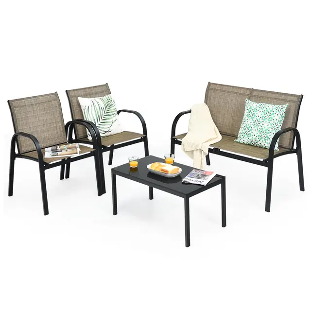 KOMFOTTEU Juego de Muebles de Jardín de 4 Piezas, Conjunto de Bistró con 2 Sillas, 1 Sofá y 1 Mesa de Centro, Muebles con Marco de Metal, Set de Conservación para Terraza, Piscina, Patio (Marrón)